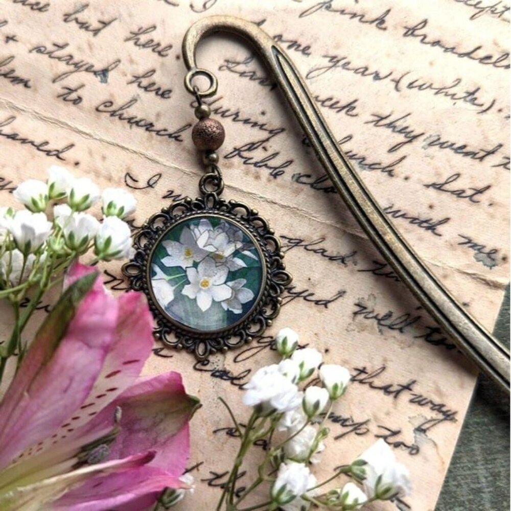 Paperwhite Narcissus Flowers Bookmark - Vintage Bronze & Glass‎ Floral Book Hook